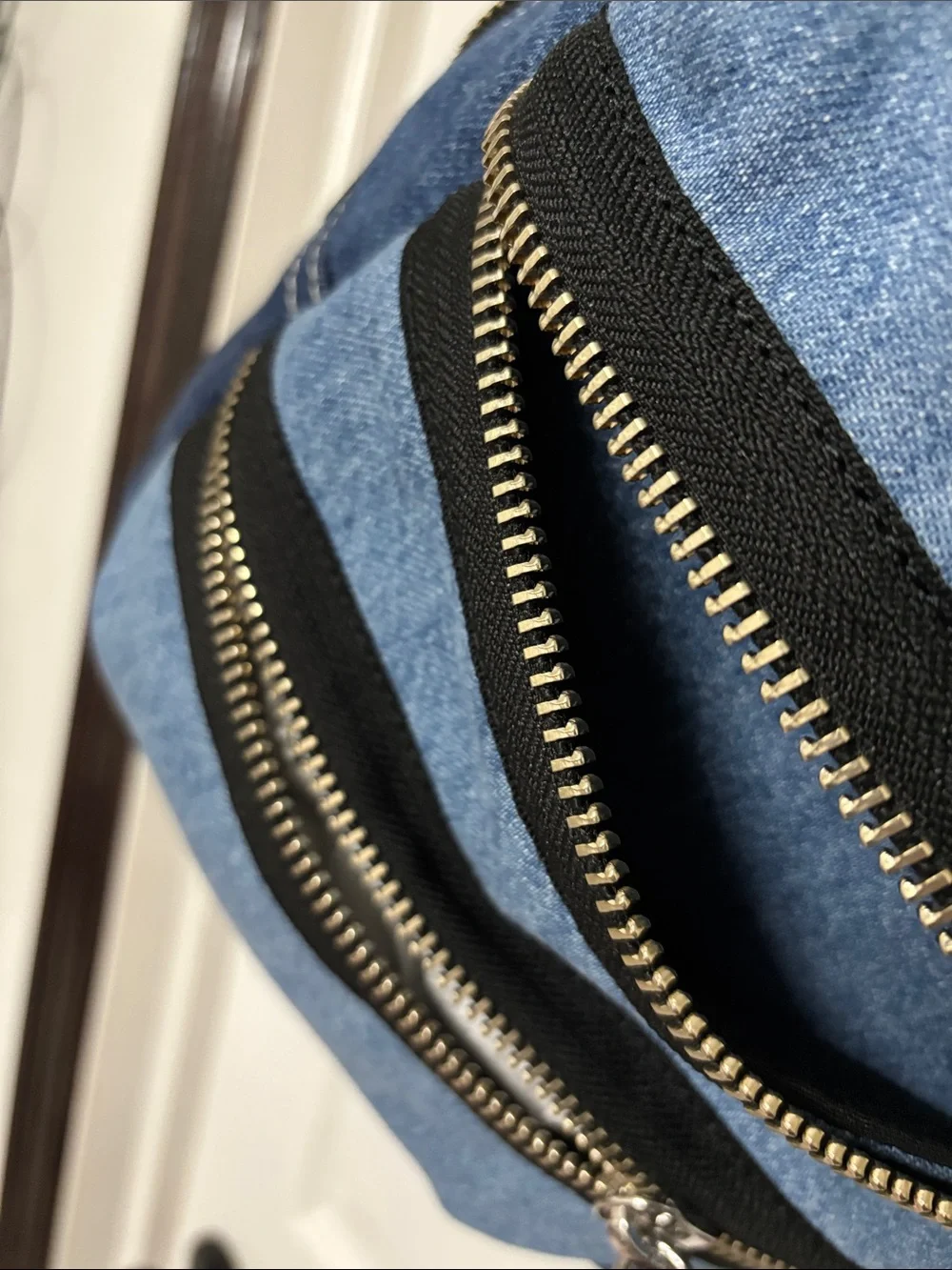 Marc Jacobs Denim Mini Backpack in Light and Dark Blue with Black Trim